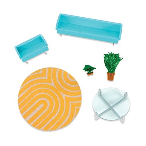 Lori Moderndes Wohnzimmer Set, Zubehör für 15 cm Mini Puppen, Couch, Teppich, Pflanze und mehr – Puppenzubehör, Accessoires – Spielzeug für Kinder ab 3 Jahre von Lori