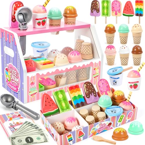Loscola - Eiscreme-Spielzeug aus Holz für Kleinkinder, Küchenspielzeug für Kinder, Essensspielzeug, Eistisch für Kinder, Eiscreme-Tisch für Kinder, Eiswagen für Kinder, Spielzeug für Mädchen von von Loscola