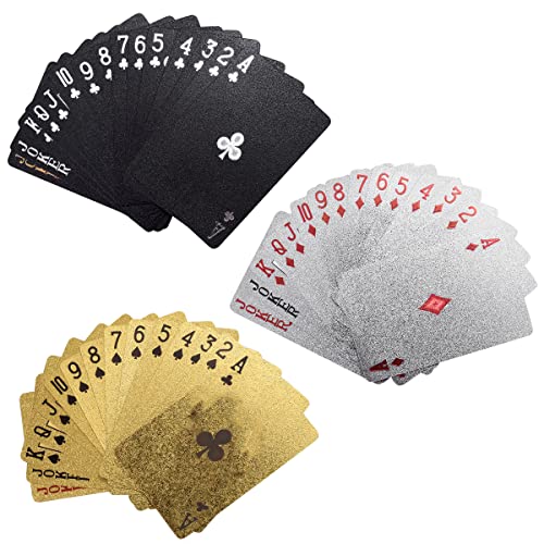 Loscrew 3 Kartenspiele Spielkarten wasserdichte Pokerkarten Plastik Poker Karte Neuheit Pokerspiel Tools für Familienspielpartys (Schwarz + Silber + Gold) von Loscrew