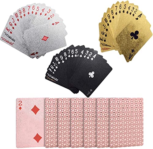Loscrew 4 Kartenspiele Spielkarten wasserdichte Pokerkarten Plastik Poker Karte Neuheit Pokerspiel Tools für Familienspielpartys (Schwarz + Silber + Gold + Roségold) von Loscrew