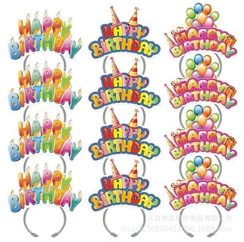 Losuya 12 bunte Happy Birthday-Stirnbänder, Papier-Haarbänder für Geburtstag, Tiara, Stirnbänder, Dekorationen von Losuya