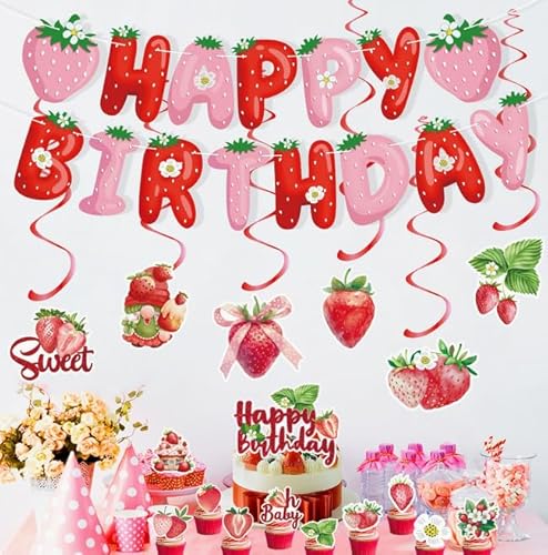Losuya Erdbeer-Geburtstagsparty-Dekorationen, Erdbeere, Happy Birthday-Banner, hängende Wirbel, Cupcake-Topper, Gastgeschenke Losuya Erdbeer-Geburtstagsparty-Dekorationen, Erdbeere, Happy Birthday-Banner, hängende Wirbel, Cupcake-Topper, Gastgeschenke von Losuya