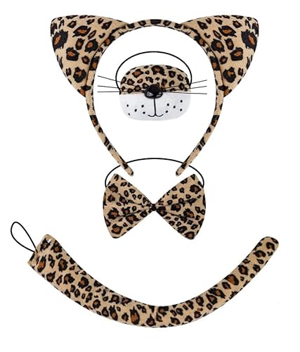 Losuya Tier-Kostüm-Set, Ohren, Stirnband, Schwanz, Krawatten-Set für Kinder, Cosplay, Geburtstag, Party, Karneval, Weihnachten, Partyzubehör (Leopard) von Losuya