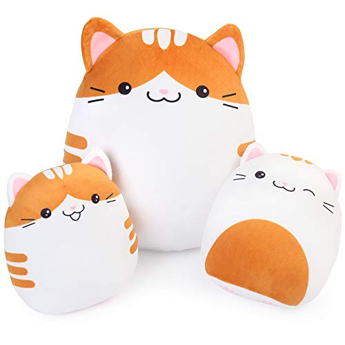 LotFancy Plüschtier Plüschkissen Katzen, Stofftiere Set mit 3 Kuscheltier Kawaii, 30cm und 17cm*2, Plüschkissen für Kinder von LotFancy