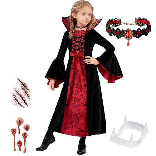 Lotiaan Vampir Kostüm für Mädchen, Gothic Vampir Prinzessin Kostüme Kinder, Vampire Kleid Costume, Halloween Vampirkostüm, Verkleidung für Fasching Karneval Cosplay (S) von Lotiaan