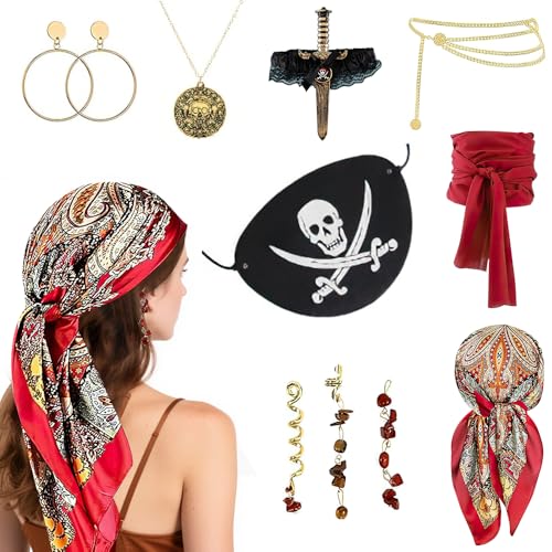 Lotvic 10 Stück Piratenkostüm Damen Zubehör mit Piraten Kopftuch, Taillenkette, Haarschmuck, Ohrringe, Augenklappe, Halskette, Piraten Accessoires für Halloween-Partys, Maskeraden Lotvic 10 Stück Piratenkostüm Damen Zubehör mit Piraten Kopftuch, Taillenkette, Haarschmuck, Ohrringe, Augenklappe, Halskette, Piraten Accessoires für Halloween-Partys, Maskeraden von Lotvic