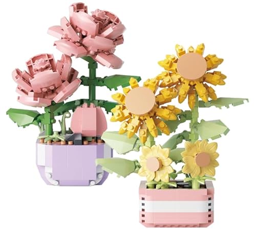 Lotvic 2 Stück Blumen Sukkulenten, Mini Pflanzen Bausteine, Mini Blumen Bausteine, Klemmbausteine Blumen, Künstliche Blumen Bauspielzeugsets, Botanische Ziegel Spielzeug, Rose+Sonnenblume von Lotvic