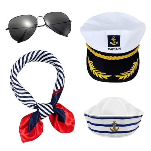 Lotvic 4-teiliges Kapitänshut-Set, marineblau, Matrosen-Kostüm mit Hut, Schal und Sonnenbrille, weiße Yacht-Kapitänshüte, Party-Kostüm für Kinder, Erwachsene, Männer, Frauen (4 Stück) von Lotvic