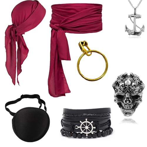 Lotvic 7PCS Mittelalter Piratenkostüm Zubehör Set, Piraten Zubehör mit Piraten Stirnband Taillengürtel Augenklappe Goldener Ohrring Armband Halskette Ring, Piraten Accessoires für Halloween Karneval Lotvic 7PCS Mittelalter Piratenkostüm Zubehör Set, Piraten Zubehör mit Piraten Stirnband Taillengürtel Augenklappe Goldener Ohrring Armband Halskette Ring, Piraten Accessoires für Halloween Karneval von Lotvic