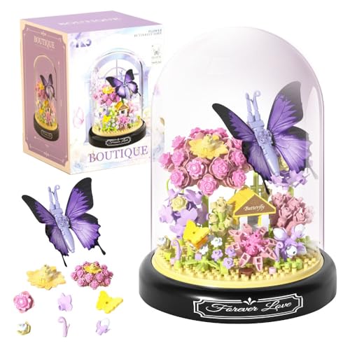 Lotvic Blumen Bausteine Set, 582 Teile Schmetterlings Blumenstrauß Micro Mini Baustein Set, Blumen Insekten Klemmbausteine mit Staubdichter Kuppel und Sockel, Geschenke für Kinder und Erwachsene von Lotvic