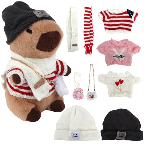 Lotvic Capybara Kuscheltier, 23cm Capybara Plüschtier, Niedlichen Capybara Plushie mit Kleidung Taschen Hüte Schals, Simulation Tier Capybara Puppen, Capybara Plushie Puppen für Home Deko Kinder von Lotvic