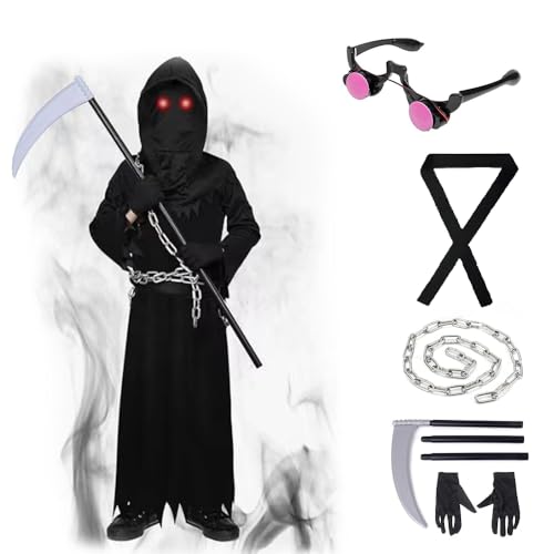 Lotvic Sensenmann Kostüm, 7 Pcs Kostüm Kinder Sensenmann, Halloween Kostüm Kinder mit Robe Maske Sense, Brille Handschuhe Kette Gürtel, Sensenmann Kostüm für Halloween, Cosplay, Karneval Lotvic Sensenmann Kostüm, 7 Pcs Kostüm Kinder Sensenmann, Halloween Kostüm Kinder mit Robe Maske Sense, Brille Handschuhe Kette Gürtel, Sensenmann Kostüm für Halloween, Cosplay, Karneval von Lotvic