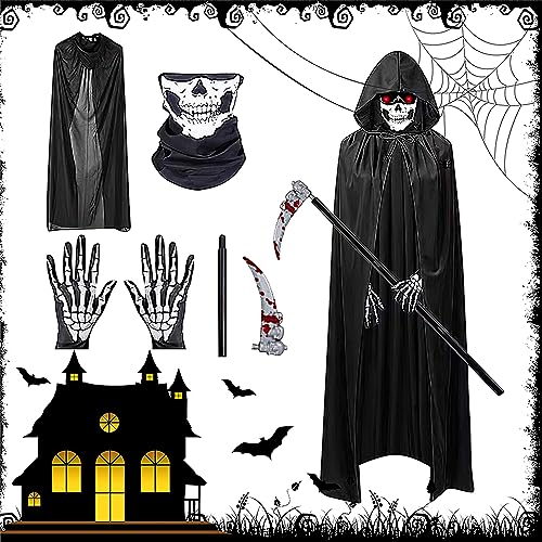 Lotvic Sensenmann Kostüm, Halloween Kostüm Set, Halloween Sensenmann Kostüm Set, Halloween Kostüm Erwachsene Umhang mit Kapuze Sense Schädelmaske Handschuhen für Halloween Dekoration, Cosplay,Karneval von Lotvic