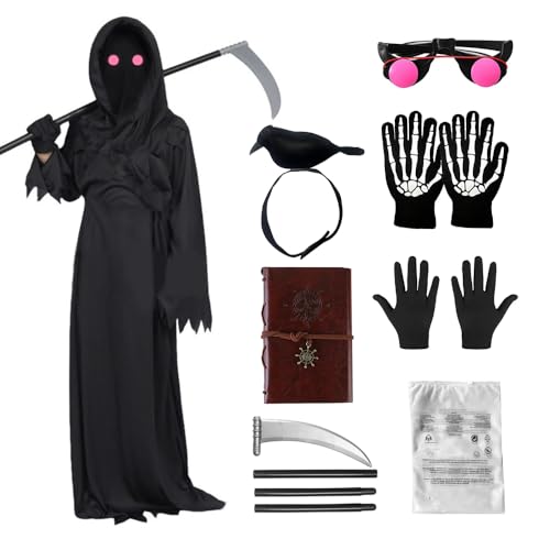 Lotvic Sensenmann Kostüm Kinder für Körpergröße 130–140 cm, Grim Reaper Costume mit Todessense Handschuhe Leuchtende Gläser Notizbuch und Krähe, Halloween Kostüm Kinder Sensenmann von Lotvic