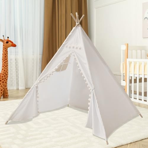Lotvic Tipi Zelt für Kinder, Kinder Tipi Zelt, Segeltuch Kinderzelt, Kinderzelte aus für Mädchen und Jungen mit Tragetasche, faltbares Spielhaus für drinnen oder draußen (160x120x120cm, Beige) von Lotvic