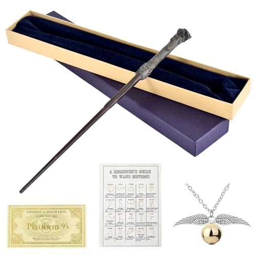 Lotvic Zauberstab HPotter, Luxus Zauberstab mit Stahlkern, 37CM Elderstab Harry aus Stahlkern und Harz mit Zauberspruch-Karte, Halskette und Stationsticket, Zauberstäbe HPotter für Spielzeug Cosplay von Lotvic
