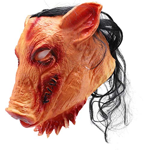 Loufy Halloween Gruselige Masken Neuheit Schweinekopf Horror mit Haarmasken Caveira Cosplay Kostüm Realistische Latex Festival Supplies Maske von Loufy