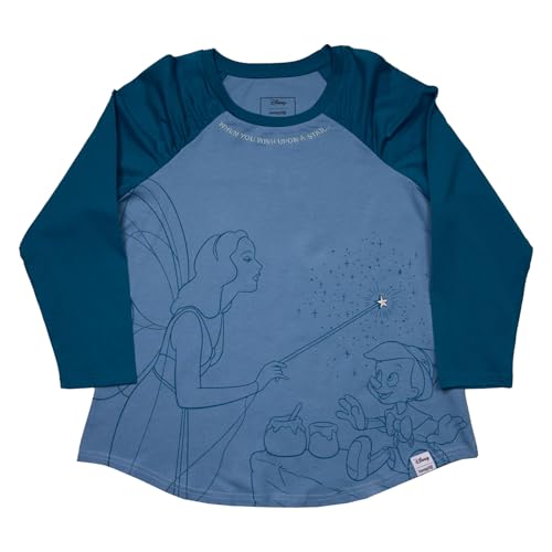 Loungefly Disney Pinocchio Raglan-T-Shirt, blaue Fee, gerafft, Größe 3X Loungefly Disney Pinocchio Raglan-T-Shirt, blaue Fee, gerafft, Größe 3X von Loungefly