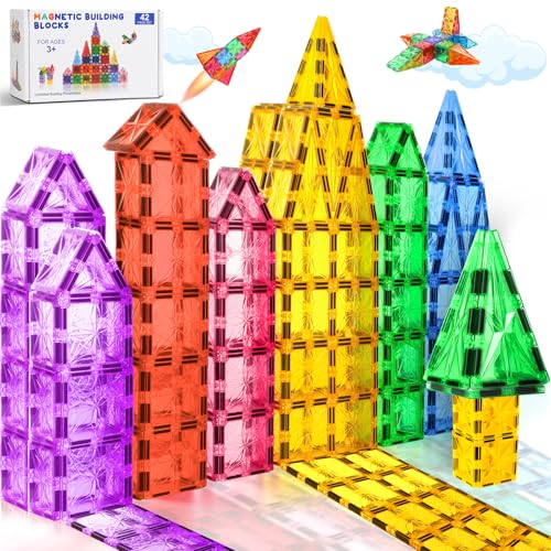 Lovchil Magnetische Bausteine, Magnetische Fliesen, Magnetbausteine, Magnet Spielzeug Vorschule Lernen Montessori Kinderspielzeug für ab 3-8 Jahre Junge Mädchen Kinder Kleinkind Bauklötze - 42 Teile von Lovchil