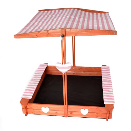Sandkasten mit wasserdichtem Dach 120x120x120cm Naturholz Fichtenholz UV-Schutz + weiche Sitzkissen, Kantenschutz Vliesboden Sandspielzeug für Kinder (Rosa) von Love Gifts