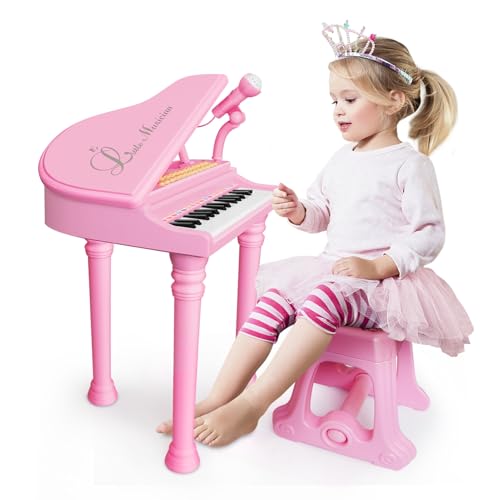 Piano Toys Keyboard für 3+Jahr alte Mädchen Geburtstagsgeschenk Kleinkind Musikspielzeug Instrument mit Mikrofon (31 Tasten Hocker, Hellrosa) von Love&Mini