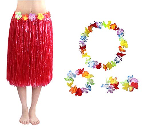 LoveLegis Hawaiianischer Rock - Rock - Hawaii - Halskette - Krone - Armbänder - Moana - Vaiana - Ozeanien - Accessoires - Verkleidung - Karneval - Halloween - Cosplay - Frau - 60 cm - rote Farbe von LoveLegis