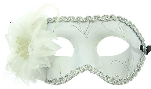 LoveLegis Weiße venezianische Maske mit Feder Blume Glitzer Stoff Show Party Karneval Halloween Damen Verkleidung Accessoires von LoveLegis