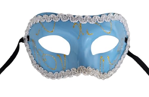 Lovelegis Venezianische Maske mit goldenen Ornamenten und silbernen Spitzenbesatz für Karneval Halloween Damen Herren Unisex Farbe hellblau von LoveLegis