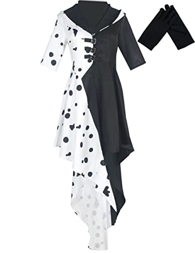 Lovecos Damen Cruella Deville Kostüm Kleid mit Handschuhen Full Set Halloween Kostüm (Weiß, XXL) von Lovecos