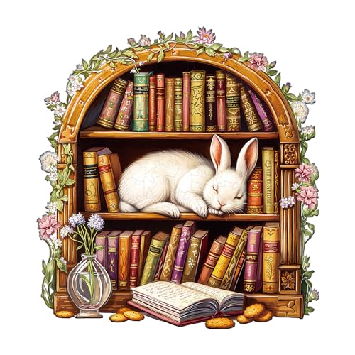 Holzpuzzle Erwachsene Schlafbibliothek-Kaninchen - 100 Teile Holzpuzzle Geschenkbox, Wanddekoration (Erwachsene/Kinder) von Lovpippi