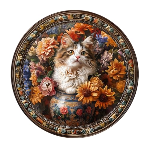 Holzpuzzle Erwachsene und Kinder, Beautiful Tricolor cat Kreisförmige Einzigartige Puzzle, Holz Puzzle Erwachsene Mit Geschenkbox Aus Holz (M-200Stück) von Lovpippi