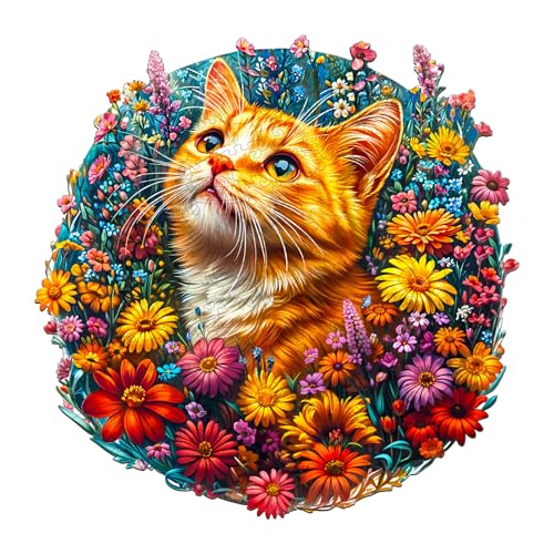 Holzpuzzle Erwachsene und Kinder, Cat in Flowers Kreisförmige Einzigartige Puzzle, Holz Puzzle Erwachsene Mit Geschenkbox Aus Holz (M-190 Stück) von Lovpippi