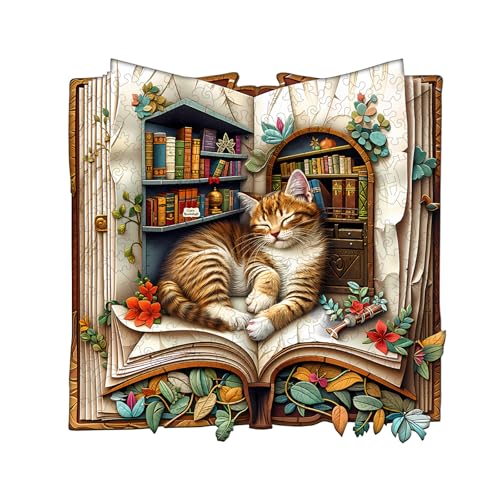 Holzpuzzle Erwachsene und Kinder,Cat in The Book Unregelmäßig Einzigartige Wooden Puzzle, Holz Puzzle Erwachsene Mit Geschenkbox Aus Holz (L-270 Stück) von Lovpippi