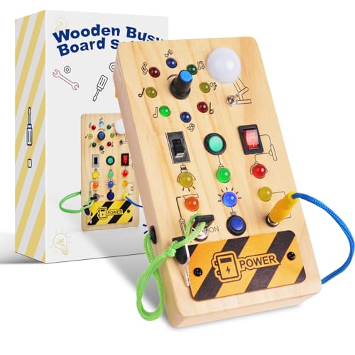 Loyzico Montessori Spielzeug Busy Board ab 1 2 3 4 Jahr, Holzspielzeug Baby Activity Board mit 8 Schalter 15 LED-Leuchten, Sensorik Motorik Lernspielzeug Geschenk Junge und Mädch 12 18 Monate von Loyzico