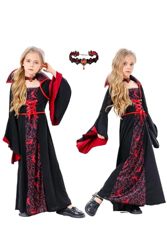 Lozzzyo Halloween Vampir Kostüme für Mädchen, Mädchen Halloween Vampir Königin Mittelalterlich Gothic Vintage Kostüme (125-135 CM) von Lozzzyo