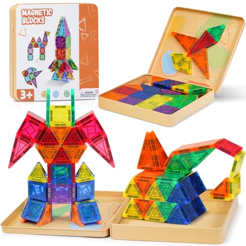 Lozzzyo Magnetische Bausteine Blöcke, 60 Stück Magnetbausteine Magnet Spielzeug Kinder, Reisespiele Kinder ab 3 4 5 6 7 8, Magnetisches Spielzeug ab 3 4 5 6 7 8 mit Eisengehäusen von Lozzzyo