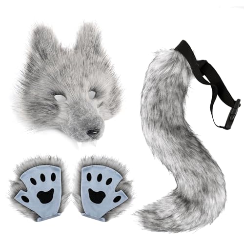 Lpoppcx Wolf Kostüm Zubehör Set Halloween Maske Tier Outfit Verkleidungs Zubehör Furry Kostüm Für Halloweens Party Cosplay Kostüms Zubehörs Halloween Kostüms Kinder Erwachsene von Lpoppcx