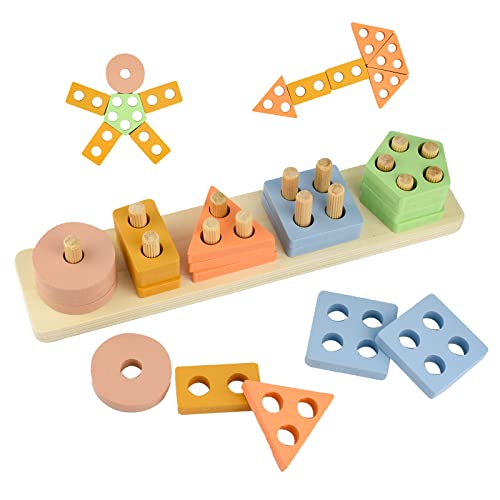 Lre Co. Montessori Spielzeug ab 3 Jahren, Geometrische Bausteine Spielzeug Plug-In Würfel Holz Sortieren & Stapeln Spielzeug Pädagogisch Holz Sorter Geschenk für Jungen Mädchen von Lre Co.
