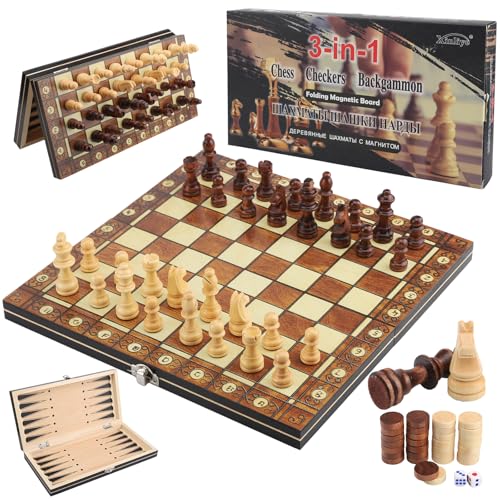 Schachspiel aus Holz - 3 In 1 Schachbrett Magnetisch - Faltbares Chess Board Set - Reiseschach, Schach/Dame/Backgammon (29x29cm) von Lrocotanc