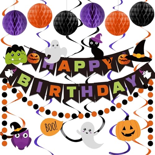 Halloween Geburtstag Banner, Happy Birthday Banner mit Wabenball, Halloween Hanging Swirl Streamer Kreis Punkt Girlande Dekorationen, Halloween Thema Geburtstag Party Dekoration Halloween Geburtstag Banner, Happy Birthday Banner mit Wabenball, Halloween Hanging Swirl Streamer Kreis Punkt Girlande Dekorationen, Halloween Thema Geburtstag Party Dekoration von Lsoar