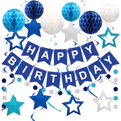 Lsoar Geburtstagsdeko, Blaue Geburtstagsdekorationen, Happy Birthday Banner mit 16 Glitzersternen zum Aufhängen, Wirbel Luftschlangen Lsoar Geburtstagsdeko, Blaue Geburtstagsdekorationen, Happy Birthday Banner mit 16 Glitzersternen zum Aufhängen, Wirbel Luftschlangen von Lsoar