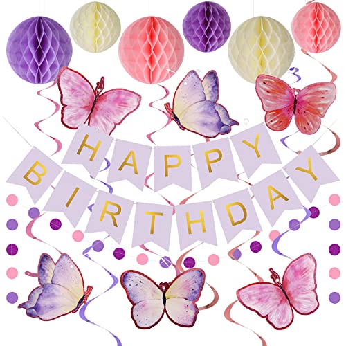 Lsoar Geburtstagsdeko, Lila Happy Birthday Banner mit Wabenball, Schmetterlinge Hängende Wirbel Streamer, Kreis Punkt Girlande Dekoration, Geburtstag Party Dekoration für Frauen Mädchen Lsoar Geburtstagsdeko, Lila Happy Birthday Banner mit Wabenball, Schmetterlinge Hängende Wirbel Streamer, Kreis Punkt Girlande Dekoration, Geburtstag Party Dekoration für Frauen Mädchen von Lsoar