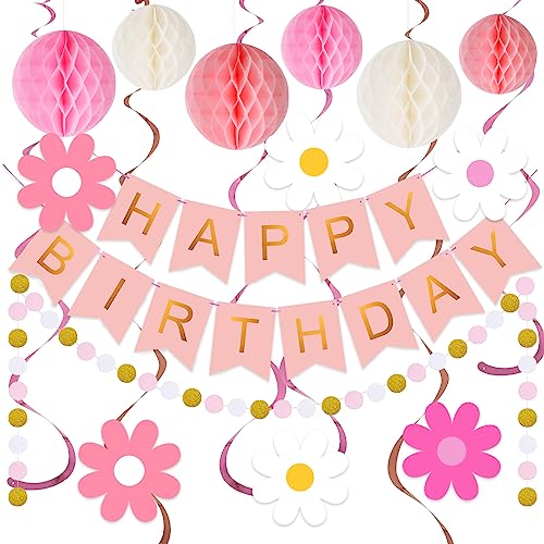 Rosa Dekorationen, Rosa Happy Birthday Banner mit Wabenball, Gänseblümchen Blume Hanging Swirl Streamer, Kreis Dot Girlande Dekoration, Geburtstag Party Dekoration für Frauen Mädchen Rosa Dekorationen, Rosa Happy Birthday Banner mit Wabenball, Gänseblümchen Blume Hanging Swirl Streamer, Kreis Dot Girlande Dekoration, Geburtstag Party Dekoration für Frauen Mädchen von Lsoar
