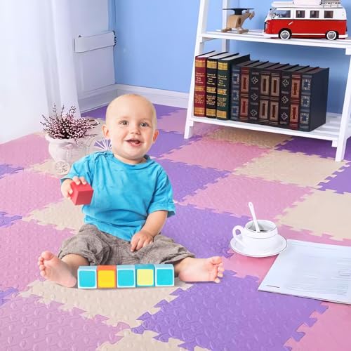 Puzzle-Spielmatte für Baby und Kleinkinder, Krabbelmatte für Babys, 30 * 30 rutschfeste Bodenmatte aus Eva-Schaumstoff, Baby Schadstofffrei Sport rutschfest Bodenschutzmatte (Off-White+Purple+Pink) von LuLuanping
