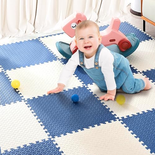 Puzzle-Spielmatte für Baby und Kleinkinder, Krabbelmatte für Babys, 30 * 30 rutschfeste Bodenmatte aus Eva-Schaumstoff, Baby Schadstofffrei Sport rutschfest Bodenschutzmatte (White+Blue) von LuLuanping