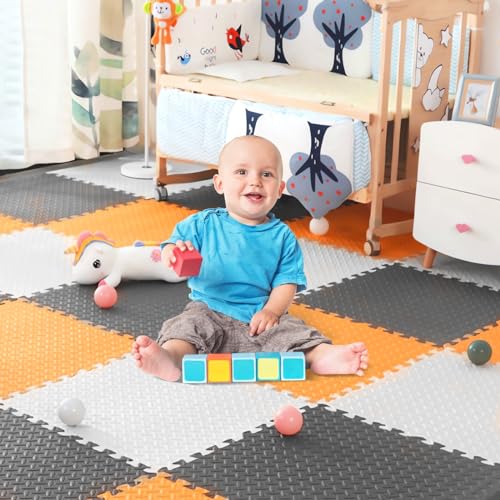 Puzzle-Spielmatte für Baby und Kleinkinder, Krabbelmatte für Babys, 30 * 30 rutschfeste Bodenmatte aus Eva-Schaumstoff, Baby Schadstofffrei Sport rutschfest Bodenschutzmatte (White+Coffee+Orange) von LuLuanping