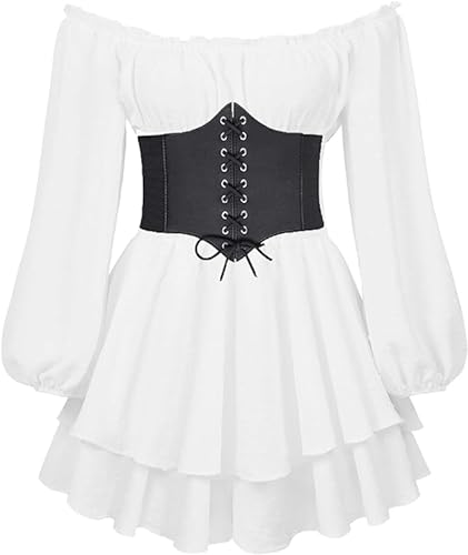 Luadnysin Piratenkostüm Damen Frauen Weißes Prinzessin Kleid Hemdkleid Piraten Kostüm Minikleid Kawaii Clothes Karnevalskostüme Feenkostüm Schulterfrei Chiffonkleid Piratenbluse Rüschenkleid von Luadnysin