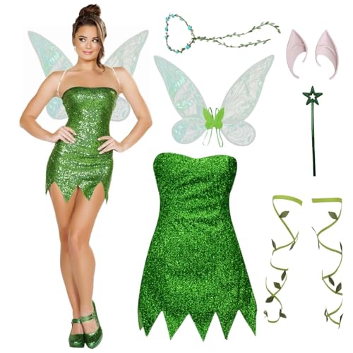 Luadnysin Tinkerbell Kostüm Damen Elfen Viktorianisches Traditionelles Kleidung Dress Party Elegant Kleid Kostüme Medieval Renaissance Glitzer Costume Dresses Feenkostüm von Luadnysin