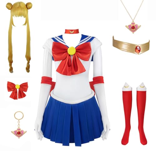 Luascxu Damen Moon Cosplay Sailor Dress Mädchen Tsukino Usagi Costume Sailor Uniform für Halloween Karneval Party (Rot + Blau - Perücke, X-Small) von Luascxu