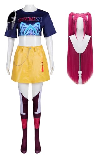 Luascxu Frauen Demon Hunters Rumi Cosplay Jacke Hosen Battle Uniform Zoey Mira Kostüm Hemd Rock Kleid Perücke für Halloween (Stil 2 + Perücke, XX-Large) von Luascxu